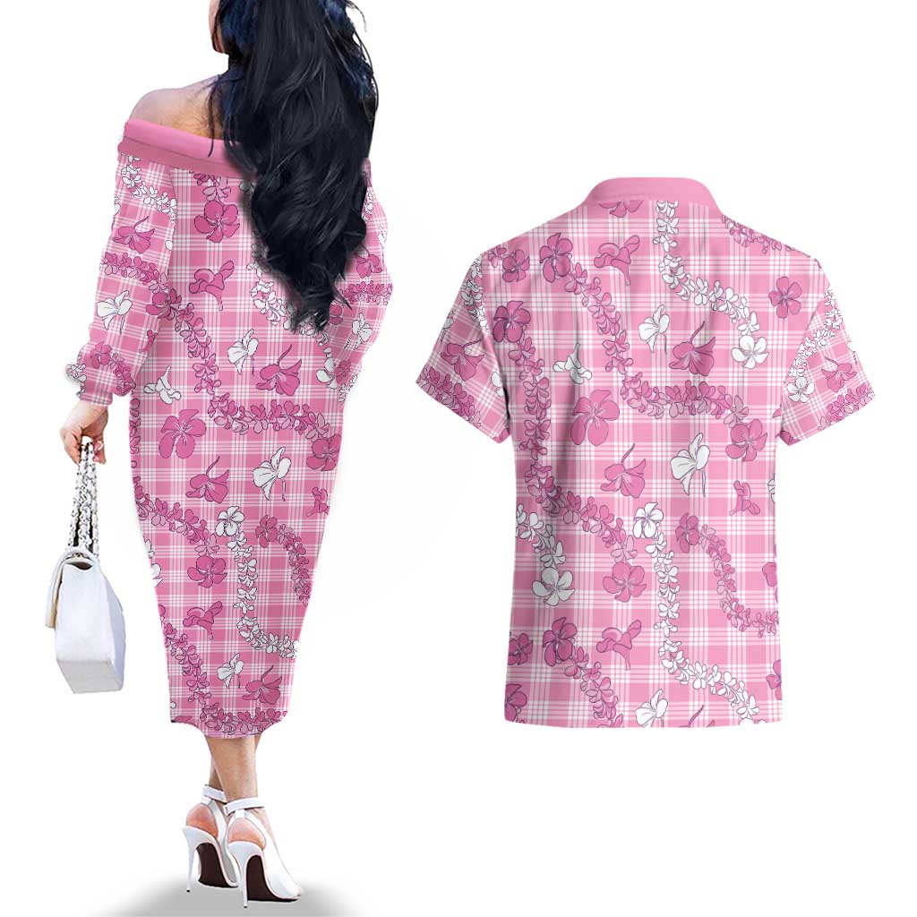 Alaka Aloha Hawaii Couples Matching Off The Shoulder Long Sleeve Dress and Hawaiian Shirt Plumeria Lei With Palaka Motif LT14 - Polynesian Pride