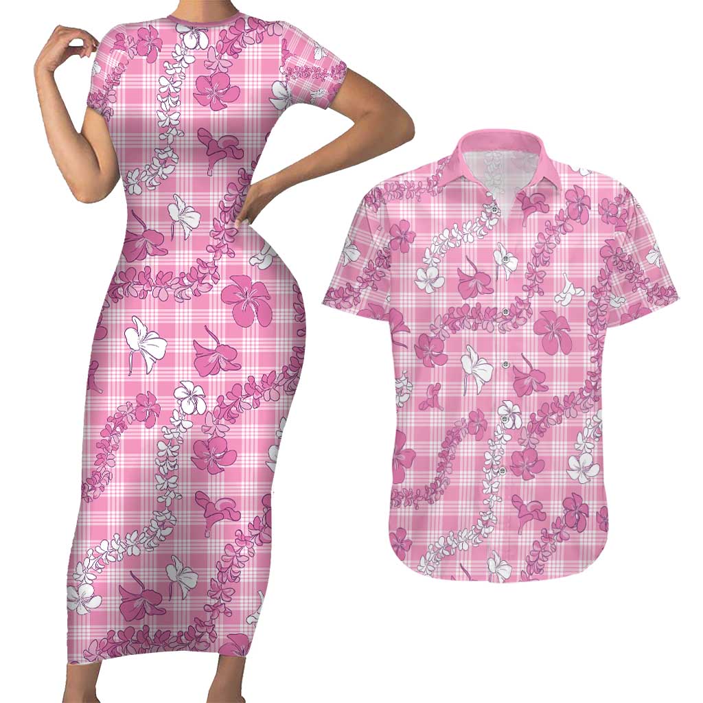 Alaka Aloha Hawaii Couples Matching Short Sleeve Bodycon Dress and Hawaiian Shirt Plumeria Lei With Palaka Motif LT14 Pink - Polynesian Pride