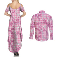 Alaka Aloha Hawaii Couples Matching Summer Maxi Dress and Long Sleeve Button Shirt Plumeria Lei With Palaka Motif - Polynesian Pride