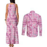 Alaka Aloha Hawaii Couples Matching Tank Maxi Dress and Long Sleeve Button Shirt Plumeria Lei With Palaka Motif - Polynesian Pride