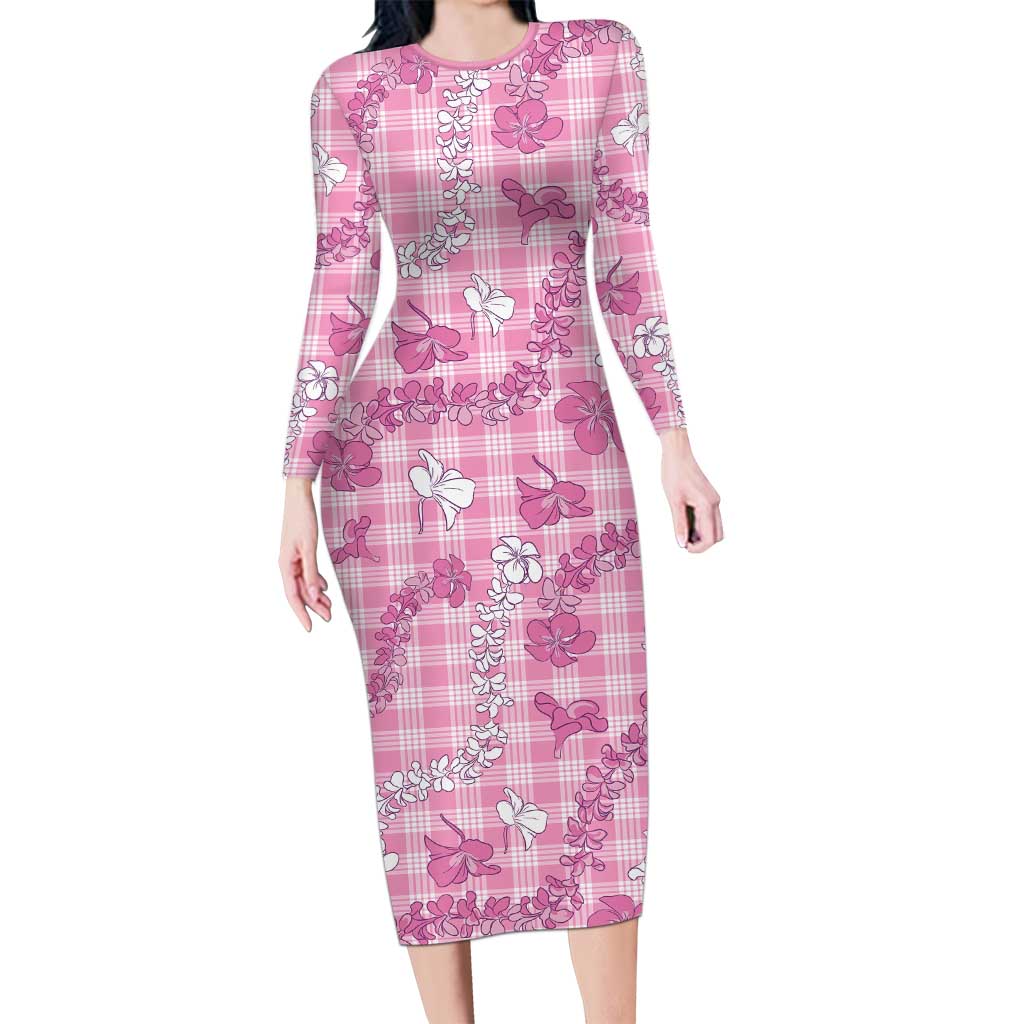Alaka Aloha Hawaii Family Matching Long Sleeve Bodycon Dress and Hawaiian Shirt Plumeria Lei With Palaka Motif LT14 Mom's Dress Pink - Polynesian Pride