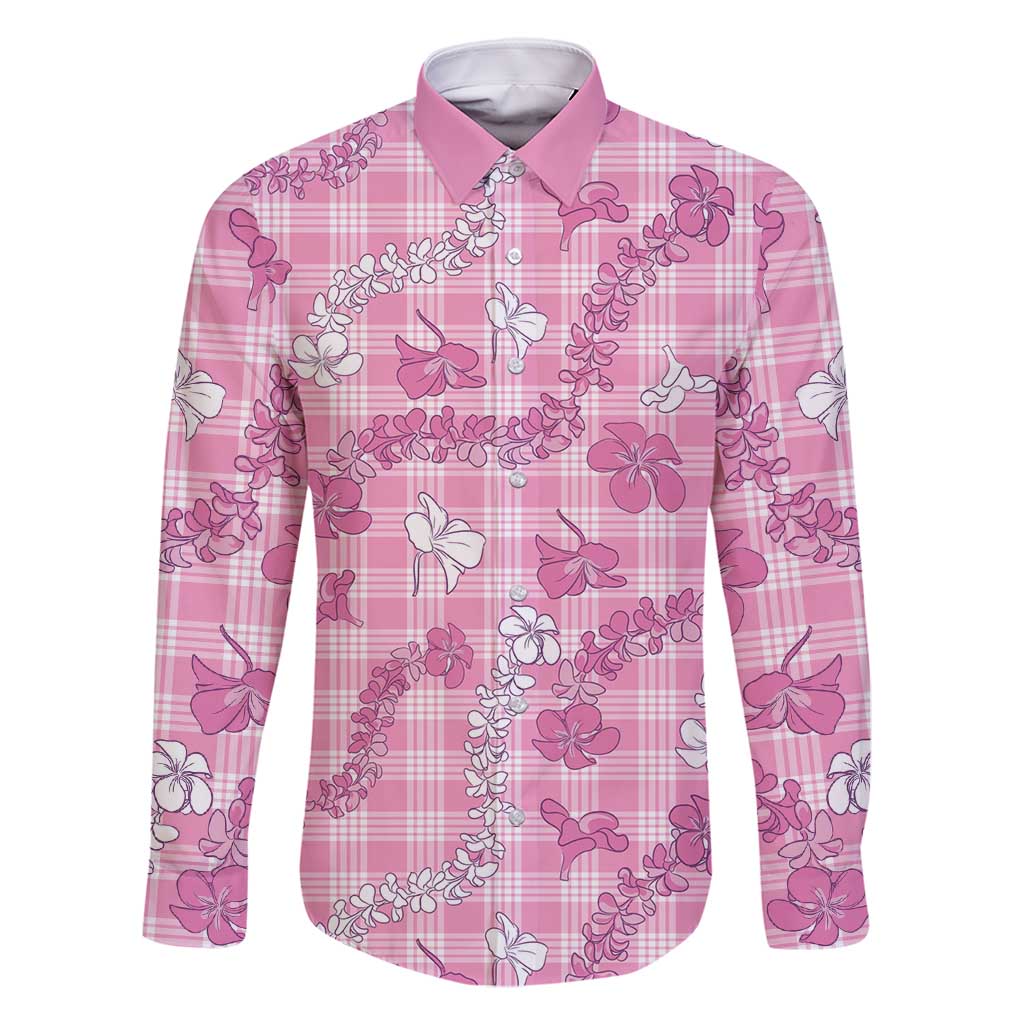 Alaka Aloha Hawaii Family Matching Mermaid Dress and Hawaiian Shirt Plumeria Lei With Palaka Motif LT14 Dad's Shirt - Long Sleeve Pink - Polynesian Pride