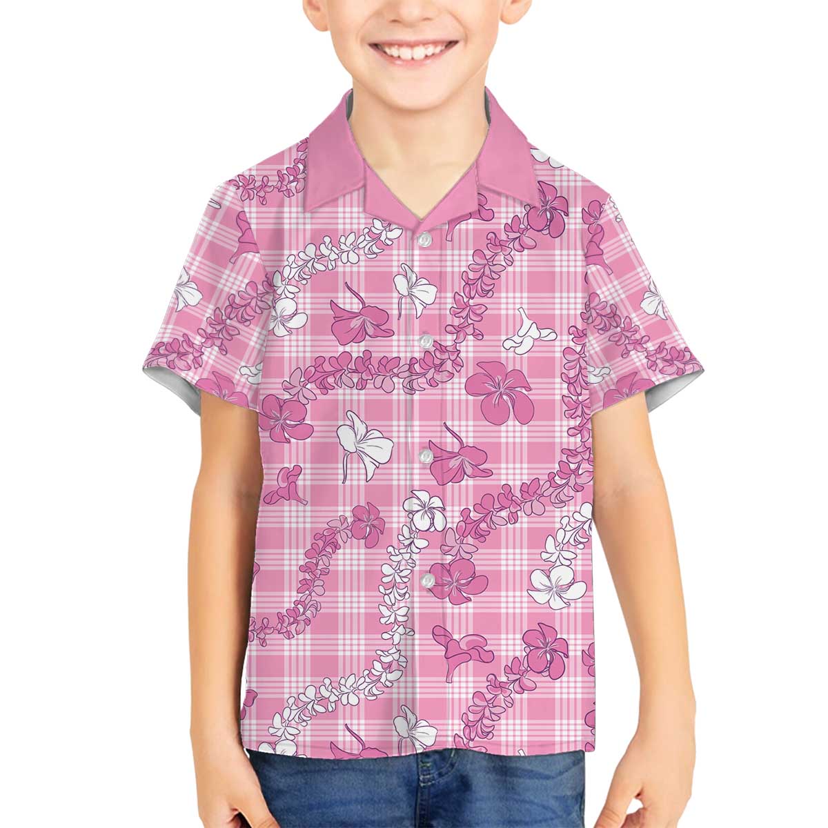 Alaka Aloha Hawaii Family Matching Off The Shoulder Long Sleeve Dress and Hawaiian Shirt Plumeria Lei With Palaka Motif LT14 Son's Shirt Pink - Polynesian Pride