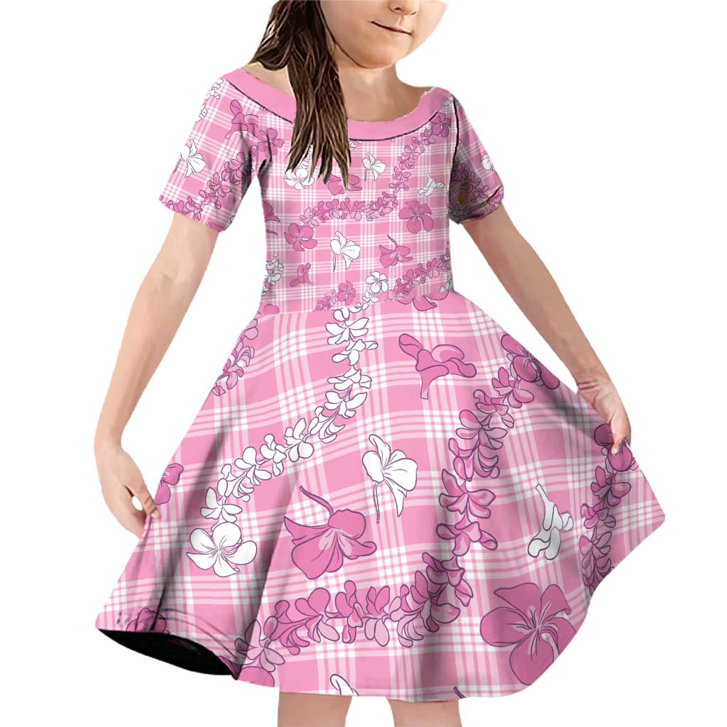 Alaka Aloha Hawaii Family Matching Off Shoulder Short Dress and Hawaiian Shirt Plumeria Lei With Palaka Motif LT14 Daughter's Dress Pink - Polynesian Pride