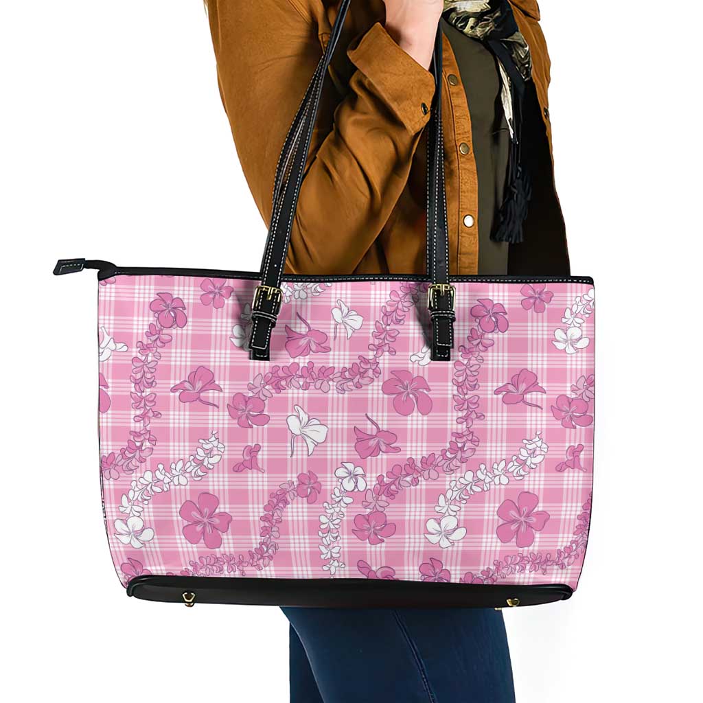 Alaka Aloha Hawaii Leather Tote Bag Plumeria Lei With Palaka Motif - Polynesian Pride
