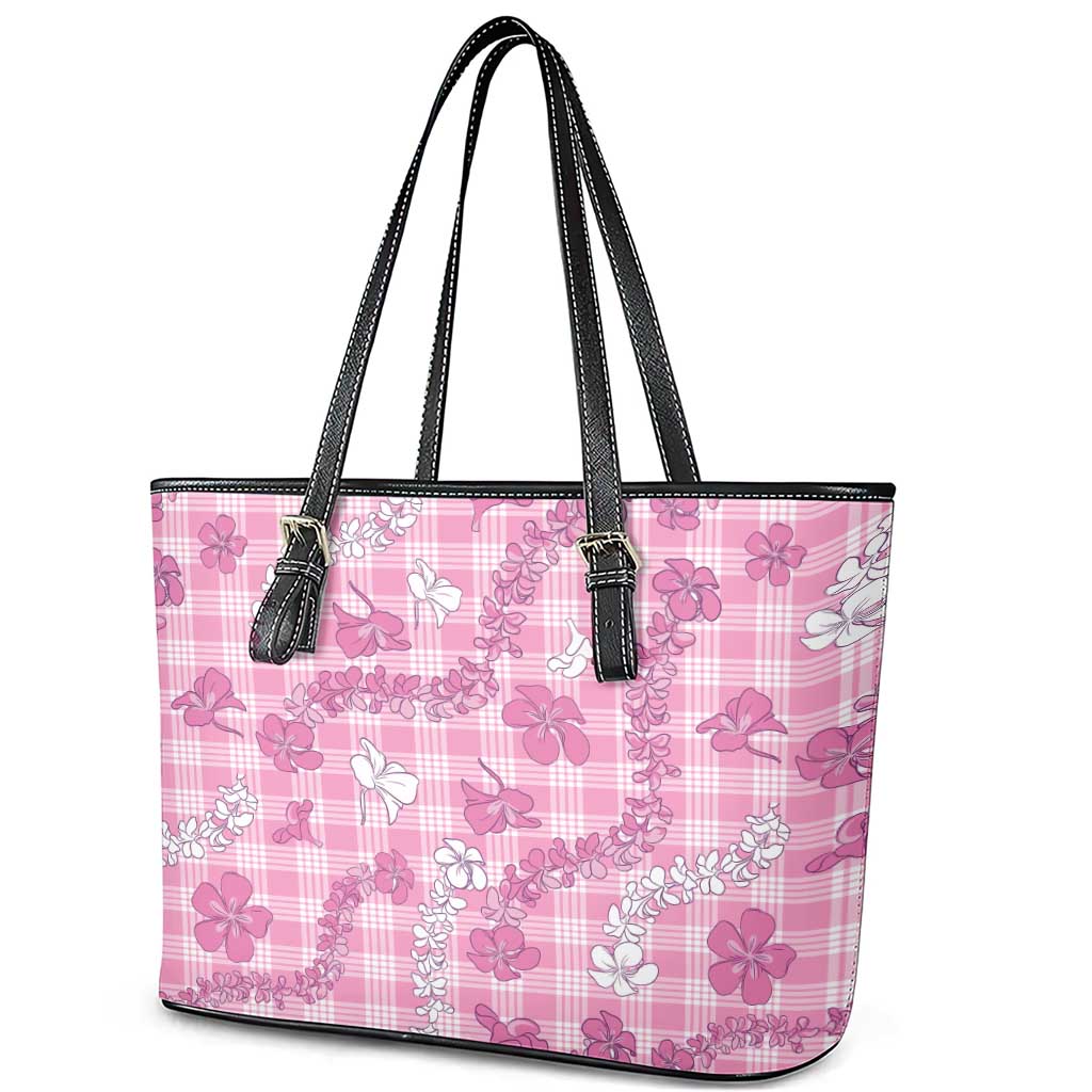 Alaka Aloha Hawaii Leather Tote Bag Plumeria Lei With Palaka Motif - Polynesian Pride