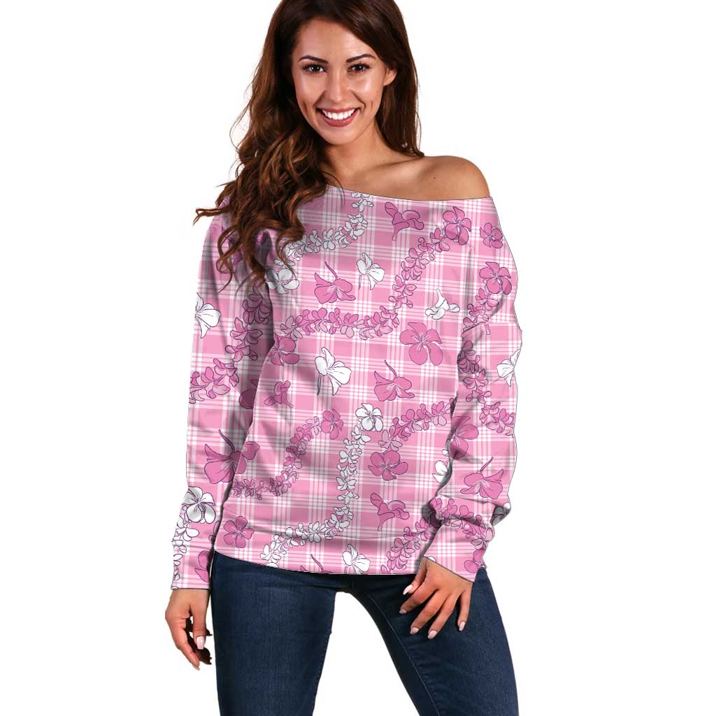 Alaka Aloha Hawaii Off Shoulder Sweater Plumeria Lei With Palaka Motif - Polynesian Pride