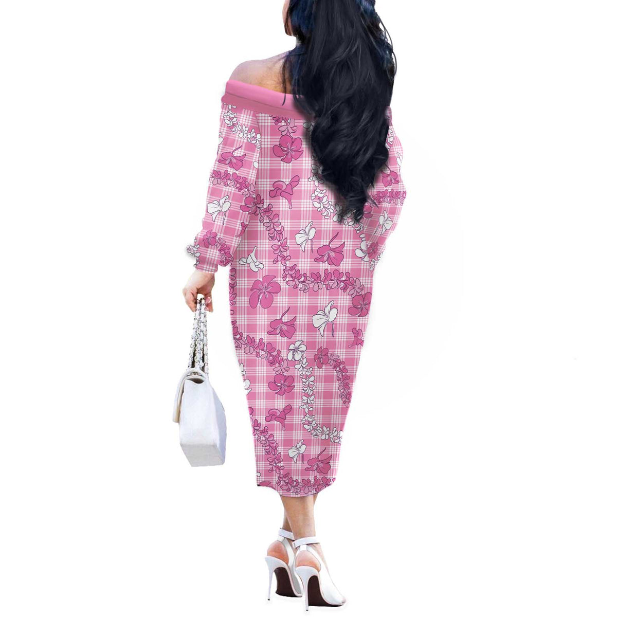 Alaka Aloha Hawaii Off The Shoulder Long Sleeve Dress Plumeria Lei With Palaka Motif - Polynesian Pride