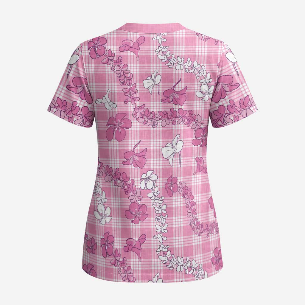 Alaka Aloha Hawaii Scrub Top Plumeria Lei With Palaka Motif - Polynesian Pride