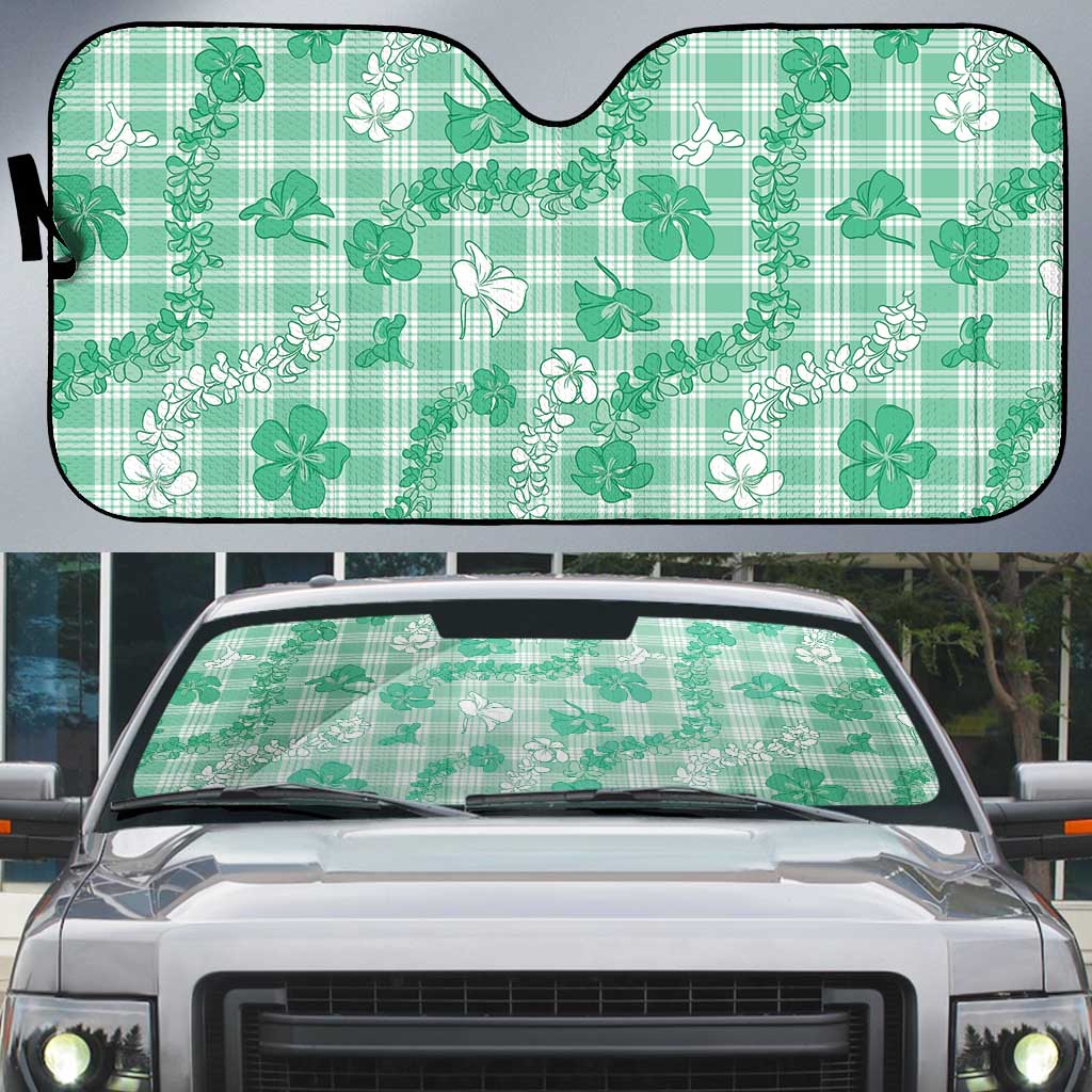 Omaomao Aloha Hawaii Auto Sun Shade Plumeria Lei With Palaka Motif LT14 Green - Polynesian Pride