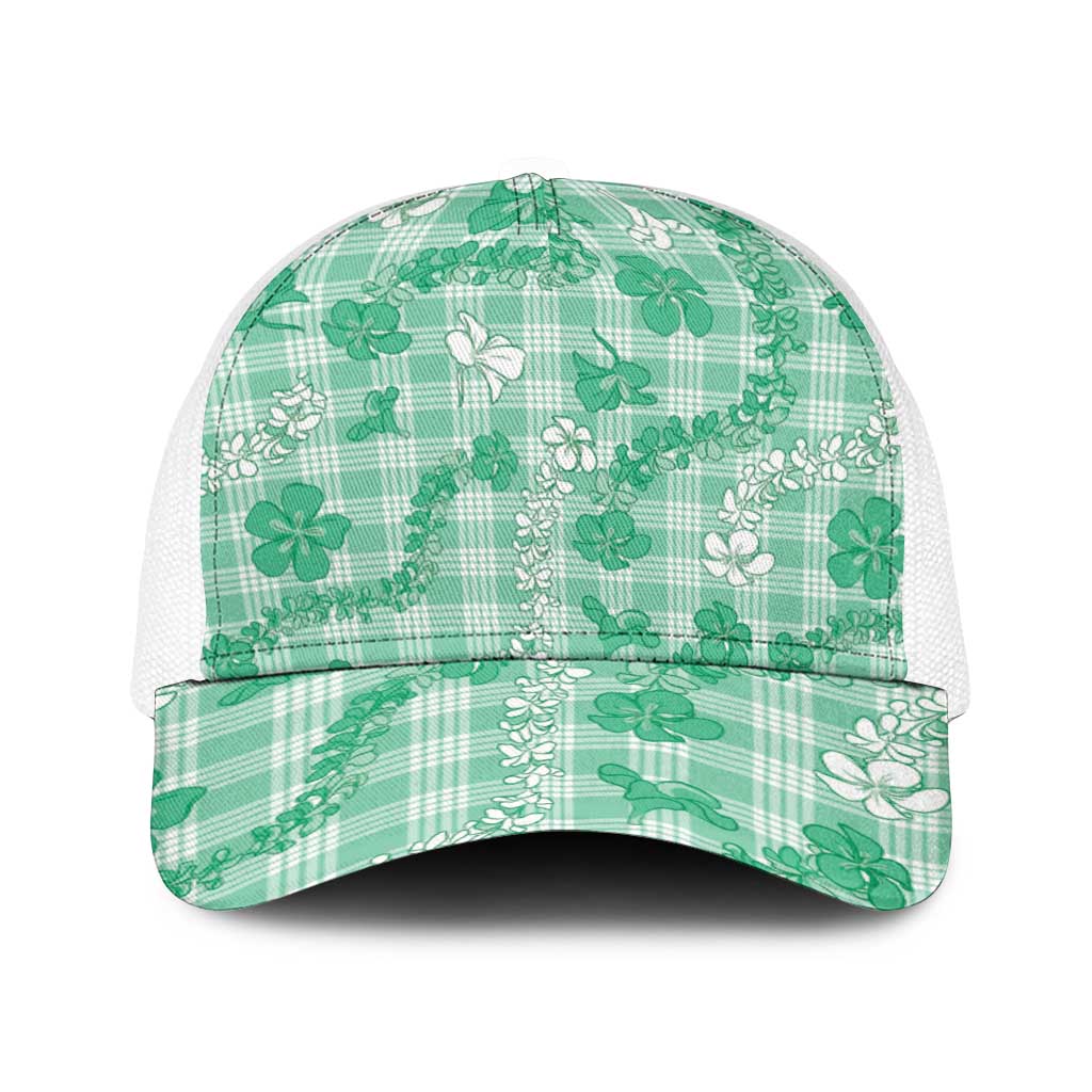 Omaomao Aloha Hawaii Baseball Net Cap Plumeria Lei With Palaka Motif LT14 One Size White Green - Polynesian Pride