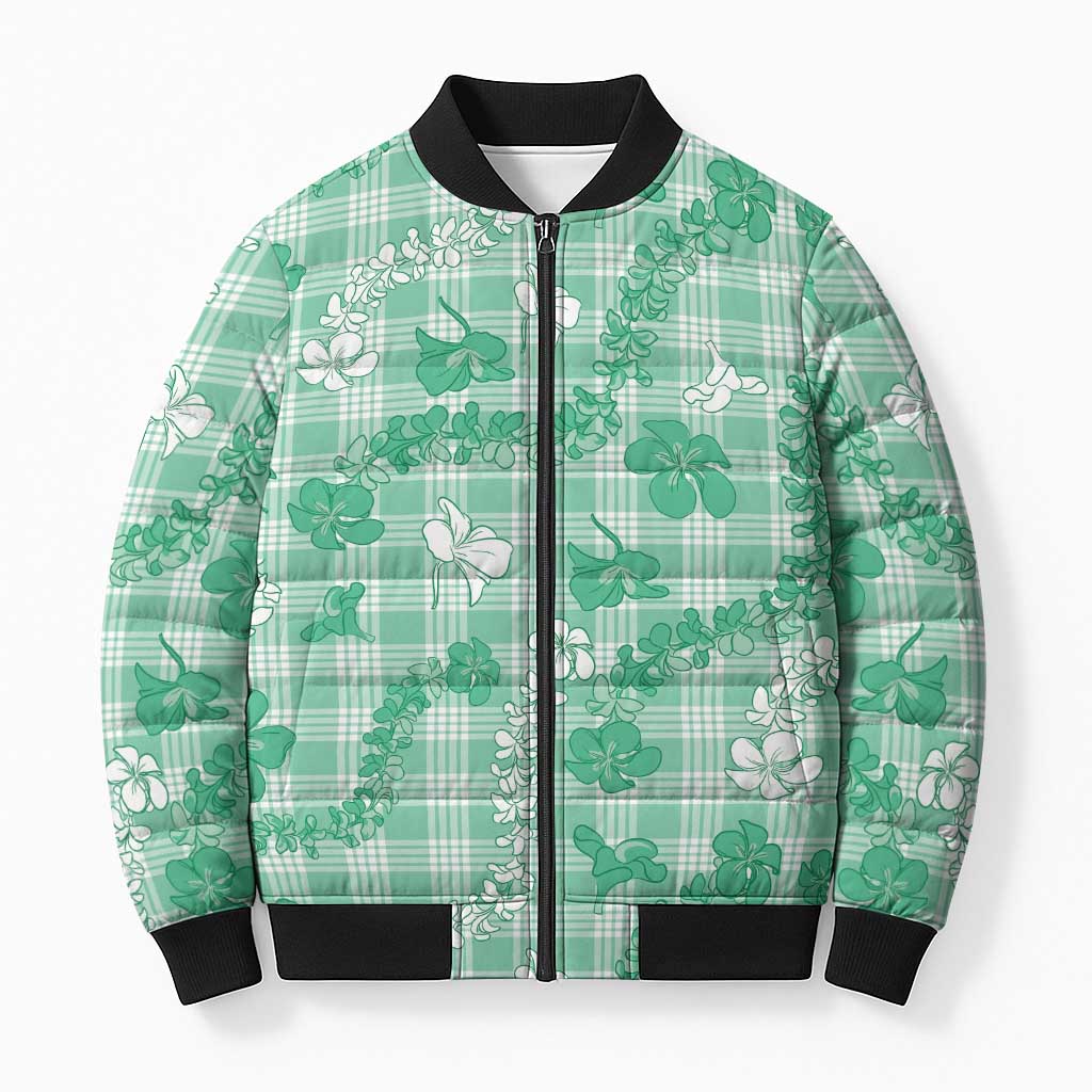 Omaomao Aloha Hawaii Bomber Puffer Jacket Plumeria Lei With Palaka Motif LT14 Unisex Green - Polynesian Pride