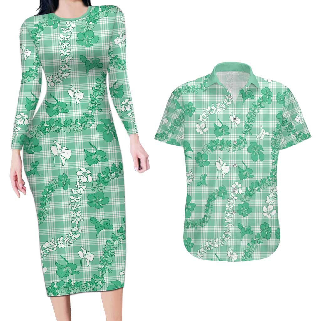 Omaomao Aloha Hawaii Couples Matching Long Sleeve Bodycon Dress and Hawaiian Shirt Plumeria Lei With Palaka Motif LT14 Green - Polynesian Pride