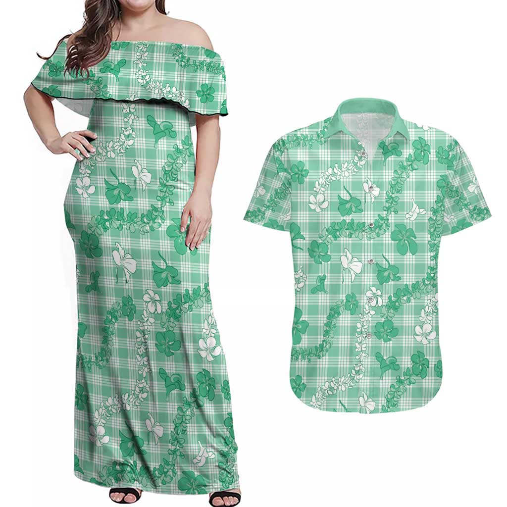 Omaomao Aloha Hawaii Couples Matching Off Shoulder Maxi Dress and Hawaiian Shirt Plumeria Lei With Palaka Motif LT14 Green - Polynesian Pride