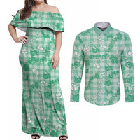 Omaomao Aloha Hawaii Couples Matching Off Shoulder Maxi Dress and Long Sleeve Button Shirt Plumeria Lei With Palaka Motif - Polynesian Pride
