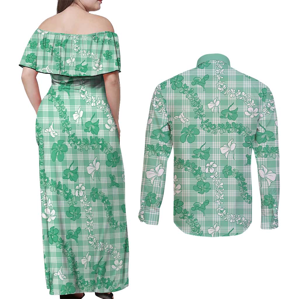 Omaomao Aloha Hawaii Couples Matching Off Shoulder Maxi Dress and Long Sleeve Button Shirt Plumeria Lei With Palaka Motif - Polynesian Pride