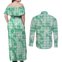 Omaomao Aloha Hawaii Couples Matching Off Shoulder Maxi Dress and Long Sleeve Button Shirt Plumeria Lei With Palaka Motif - Polynesian Pride