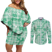 Omaomao Aloha Hawaii Couples Matching Off Shoulder Short Dress and Long Sleeve Button Shirt Plumeria Lei With Palaka Motif - Polynesian Pride