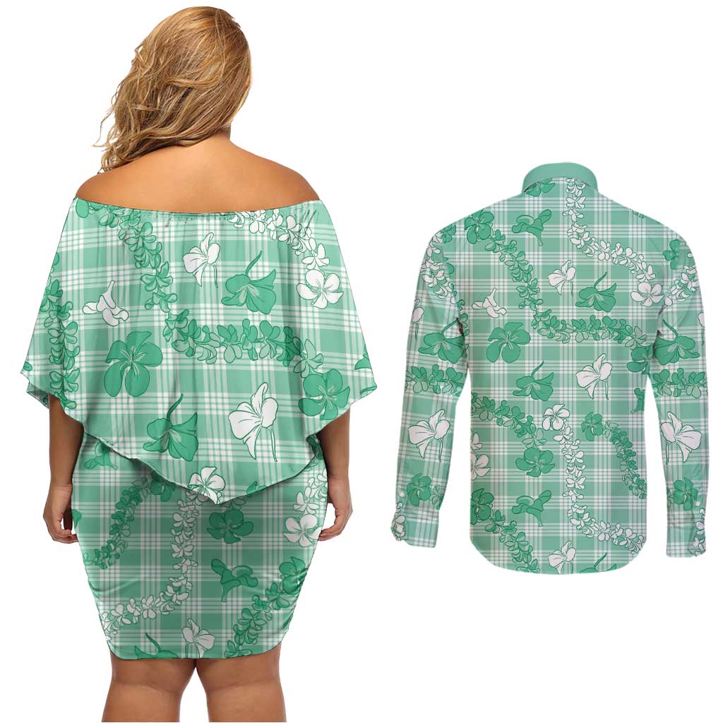 Omaomao Aloha Hawaii Couples Matching Off Shoulder Short Dress and Long Sleeve Button Shirt Plumeria Lei With Palaka Motif - Polynesian Pride
