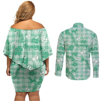 Omaomao Aloha Hawaii Couples Matching Off Shoulder Short Dress and Long Sleeve Button Shirt Plumeria Lei With Palaka Motif - Polynesian Pride