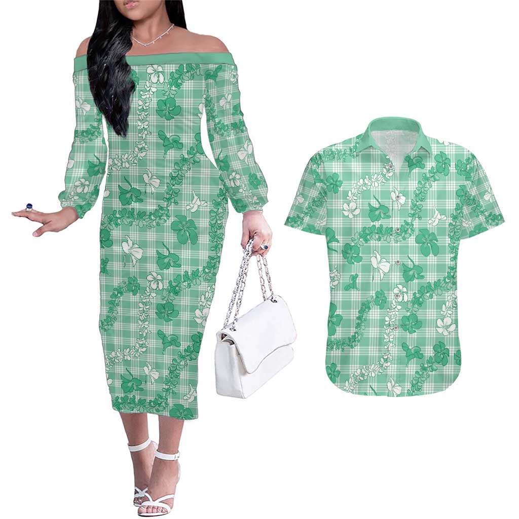 Omaomao Aloha Hawaii Couples Matching Off The Shoulder Long Sleeve Dress and Hawaiian Shirt Plumeria Lei With Palaka Motif LT14 Green - Polynesian Pride