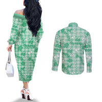 Omaomao Aloha Hawaii Couples Matching Off The Shoulder Long Sleeve Dress and Long Sleeve Button Shirt Plumeria Lei With Palaka Motif LT14 - Polynesian Pride