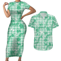 Omaomao Aloha Hawaii Couples Matching Short Sleeve Bodycon Dress and Hawaiian Shirt Plumeria Lei With Palaka Motif LT14 Green - Polynesian Pride