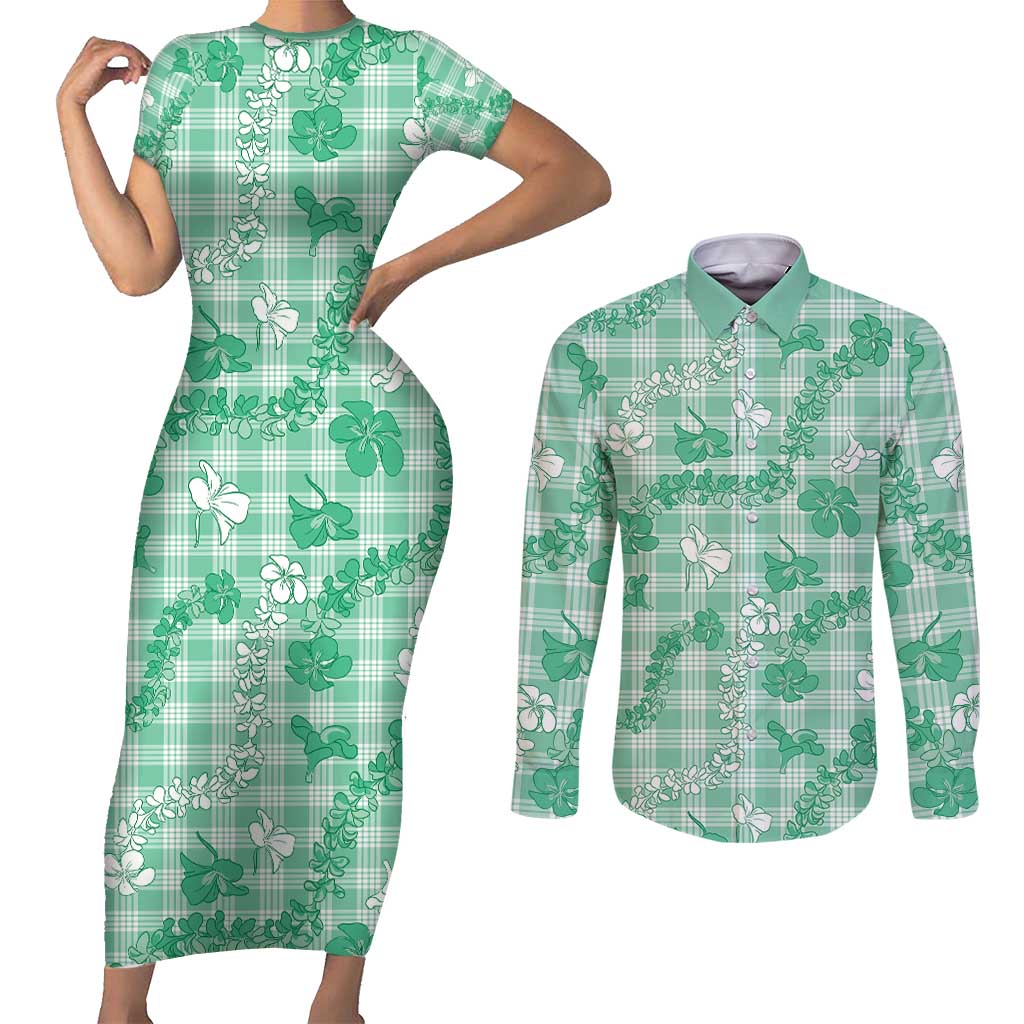 Omaomao Aloha Hawaii Couples Matching Short Sleeve Bodycon Dress and Long Sleeve Button Shirt Plumeria Lei With Palaka Motif LT14 Green - Polynesian Pride