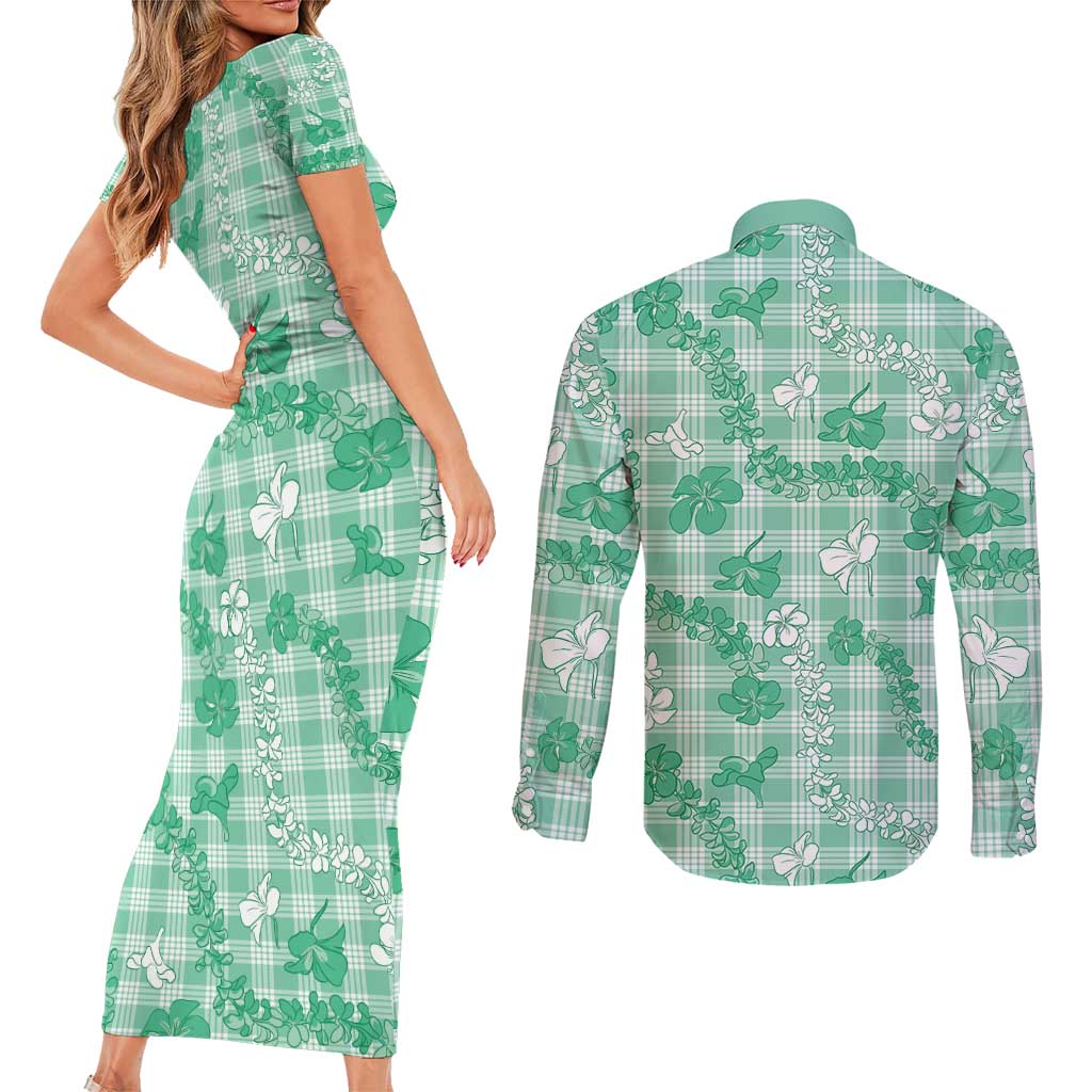 Omaomao Aloha Hawaii Couples Matching Short Sleeve Bodycon Dress and Long Sleeve Button Shirt Plumeria Lei With Palaka Motif LT14 - Polynesian Pride
