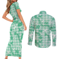 Omaomao Aloha Hawaii Couples Matching Short Sleeve Bodycon Dress and Long Sleeve Button Shirt Plumeria Lei With Palaka Motif LT14 - Polynesian Pride