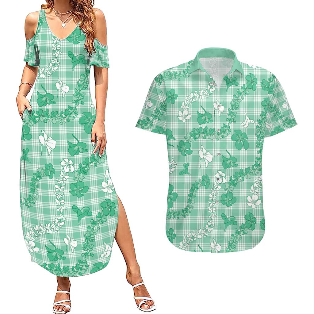 Omaomao Aloha Hawaii Couples Matching Summer Maxi Dress and Hawaiian Shirt Plumeria Lei With Palaka Motif LT14 Green - Polynesian Pride