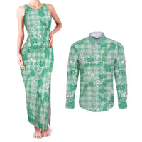 Omaomao Aloha Hawaii Couples Matching Tank Maxi Dress and Long Sleeve Button Shirt Plumeria Lei With Palaka Motif LT14 Green - Polynesian Pride