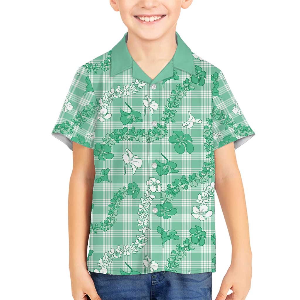 Omaomao Aloha Hawaii Family Matching Long Sleeve Bodycon Dress and Hawaiian Shirt Plumeria Lei With Palaka Motif LT14 Son's Shirt Green - Polynesian Pride