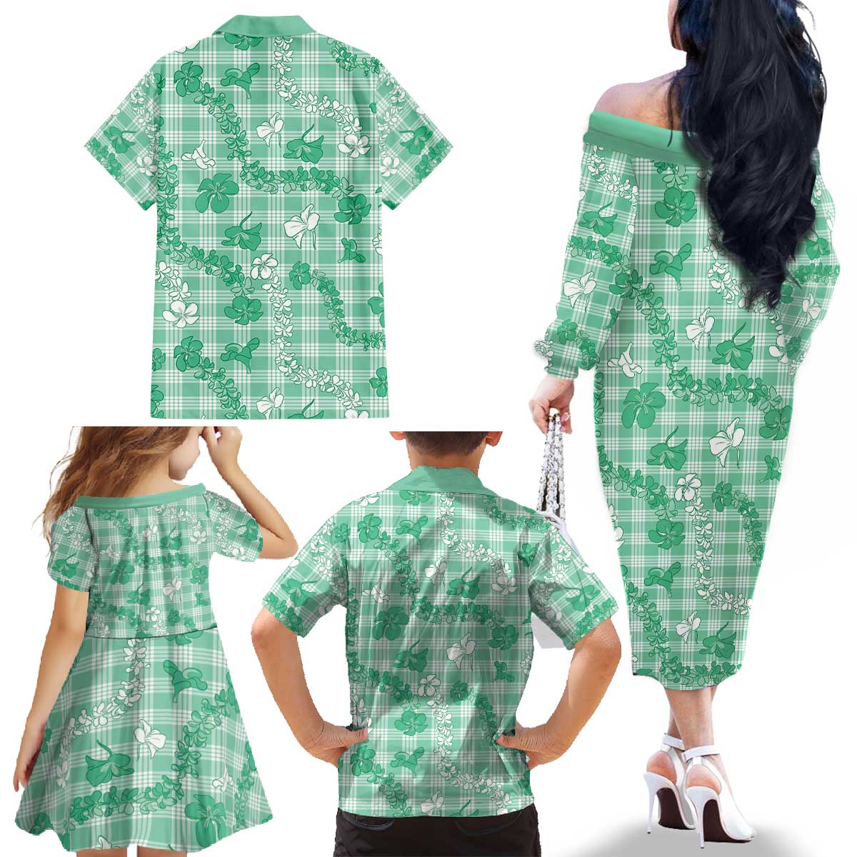 Omaomao Aloha Hawaii Family Matching Off The Shoulder Long Sleeve Dress and Hawaiian Shirt Plumeria Lei With Palaka Motif LT14 - Polynesian Pride