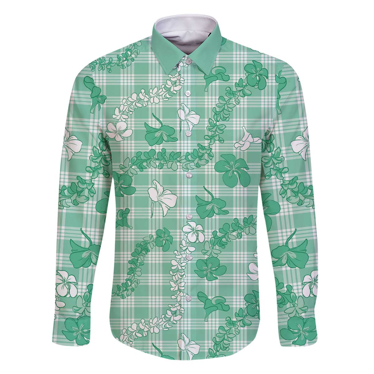 Omaomao Aloha Hawaii Family Matching Off The Shoulder Long Sleeve Dress and Hawaiian Shirt Plumeria Lei With Palaka Motif LT14 Dad's Shirt - Long Sleeve Green - Polynesian Pride