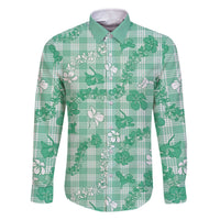 Omaomao Aloha Hawaii Family Matching Off The Shoulder Long Sleeve Dress and Hawaiian Shirt Plumeria Lei With Palaka Motif LT14 Dad's Shirt - Long Sleeve Green - Polynesian Pride
