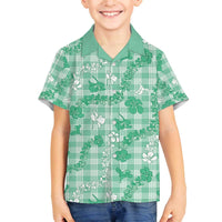 Omaomao Aloha Hawaii Family Matching Off The Shoulder Long Sleeve Dress and Hawaiian Shirt Plumeria Lei With Palaka Motif LT14 Son's Shirt Green - Polynesian Pride