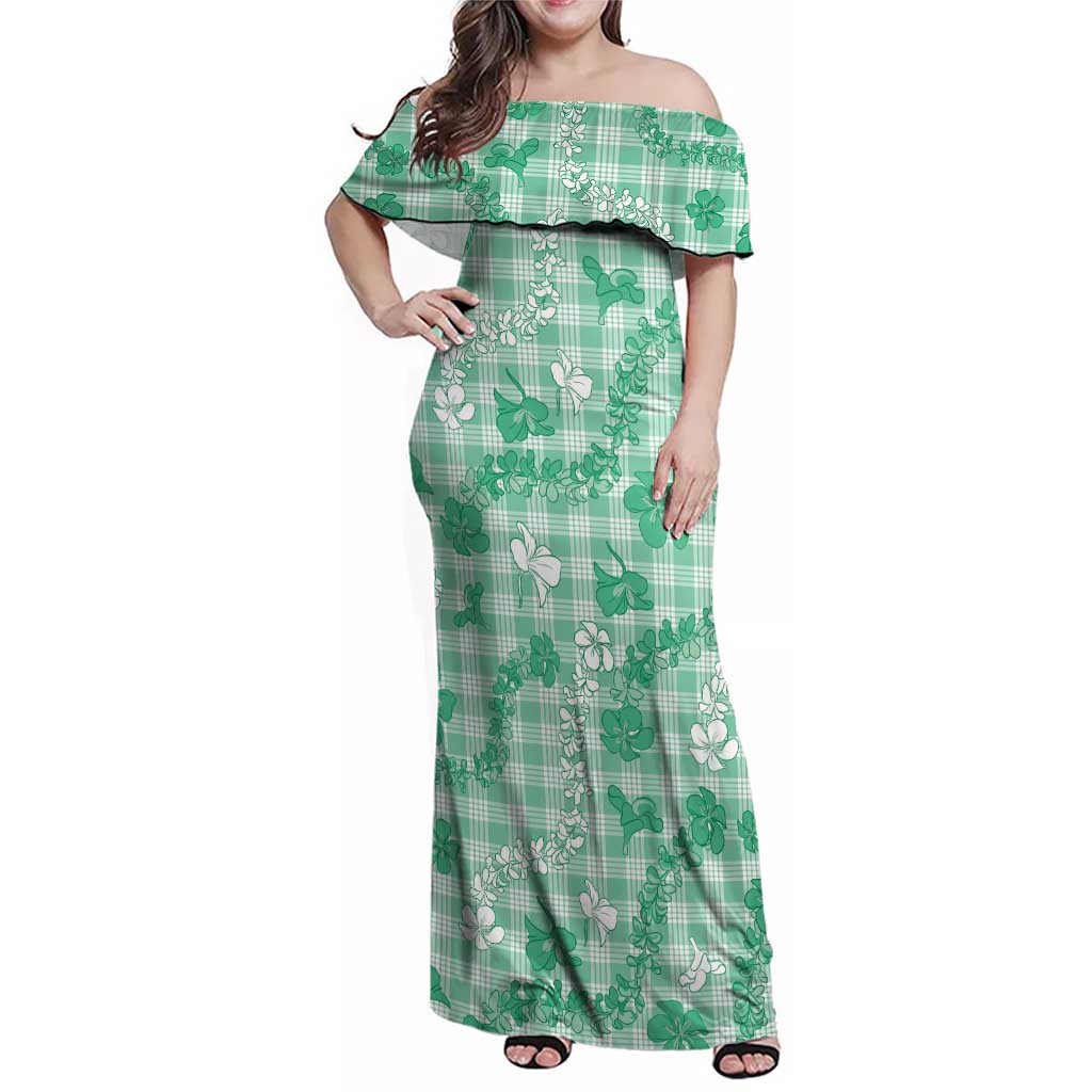 Omaomao Aloha Hawaii Family Matching Off Shoulder Maxi Dress and Hawaiian Shirt Plumeria Lei With Palaka Motif LT14 Mom's Dress Green - Polynesian Pride