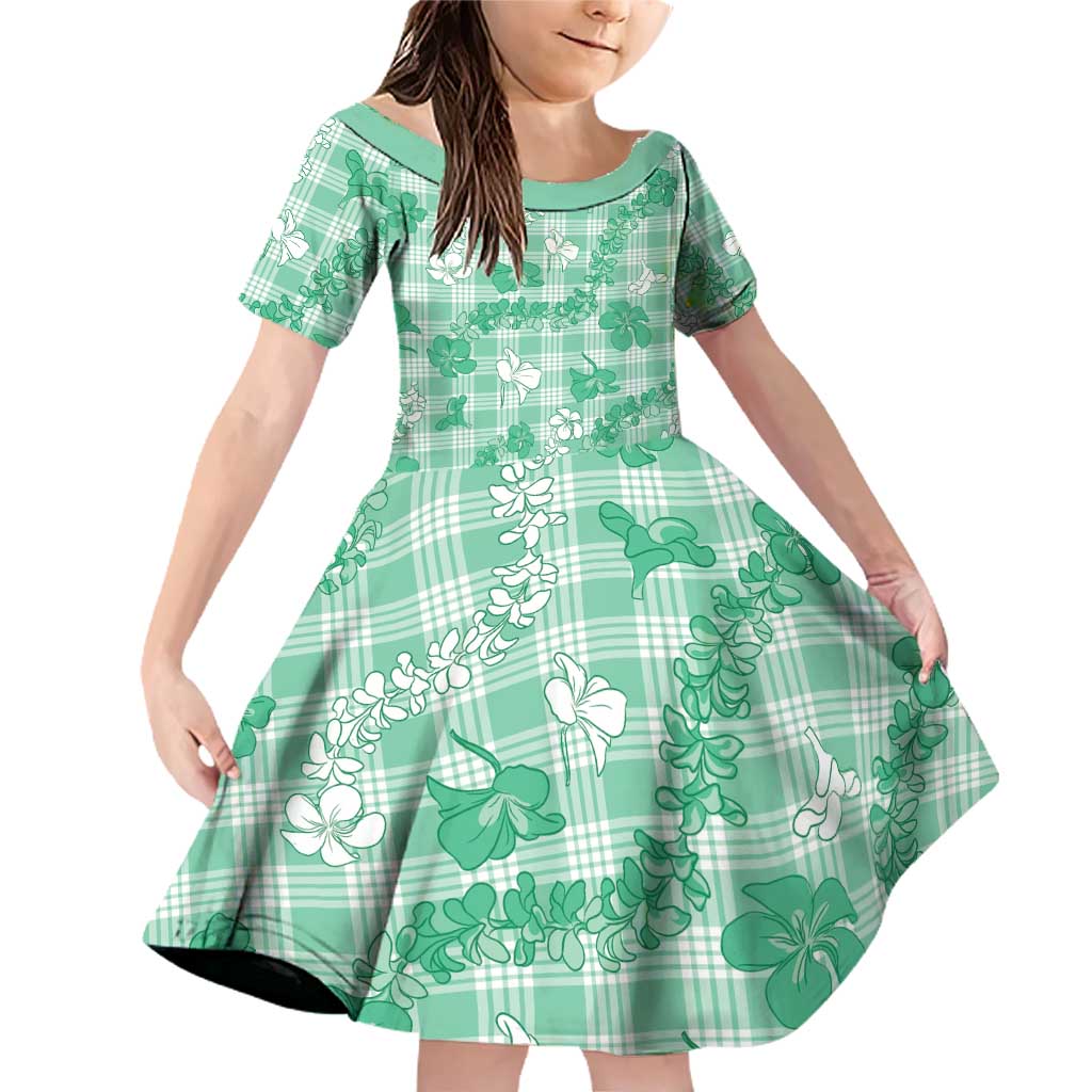 Omaomao Aloha Hawaii Family Matching Off Shoulder Short Dress and Hawaiian Shirt Plumeria Lei With Palaka Motif LT14 Daughter's Dress Green - Polynesian Pride