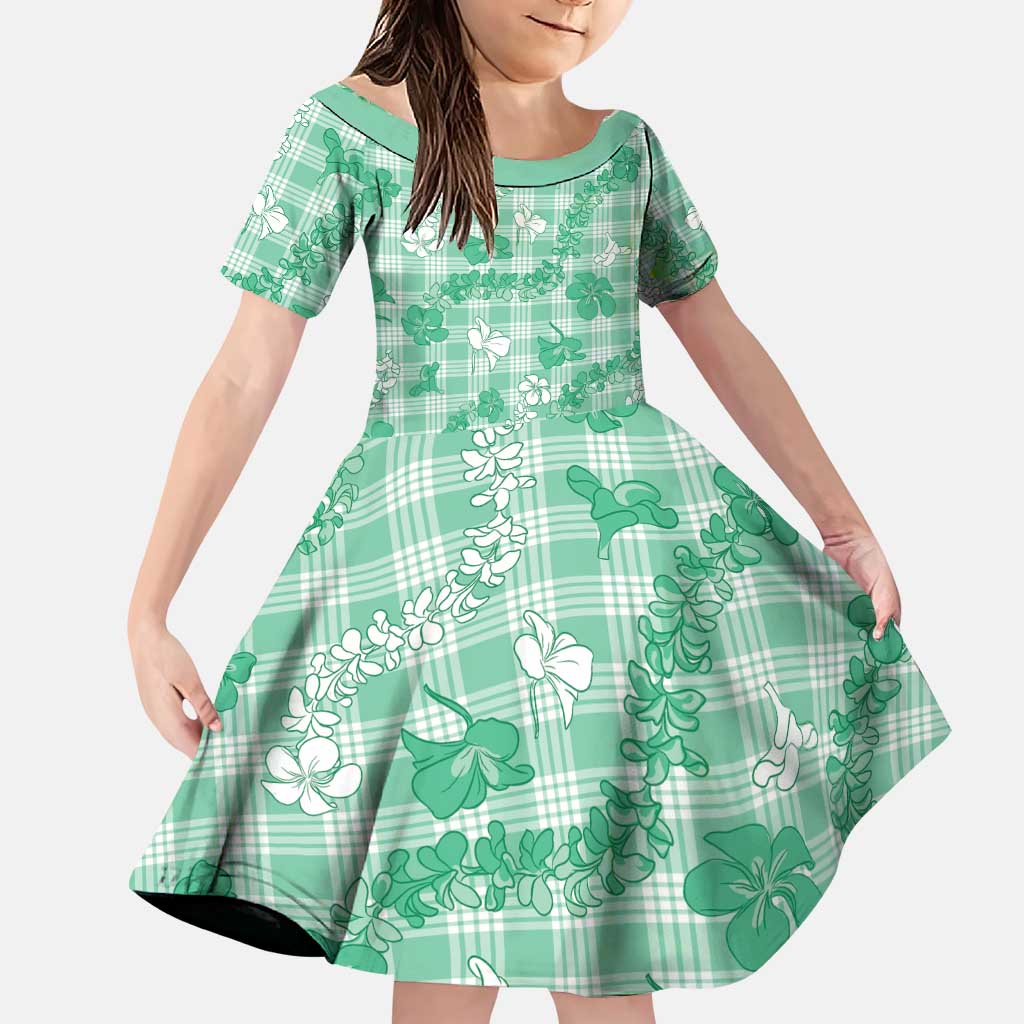 Omaomao Aloha Hawaii Family Matching Puletasi and Hawaiian Shirt Plumeria Lei With Palaka Motif LT14 Daughter's Dress Green - Polynesian Pride