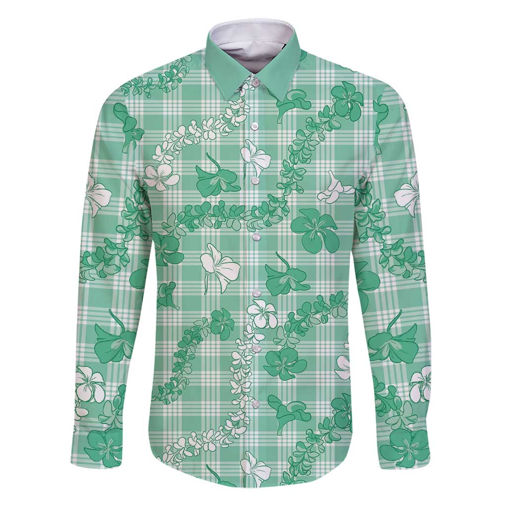 Omaomao Aloha Hawaii Family Matching Puletasi and Hawaiian Shirt Plumeria Lei With Palaka Motif LT14 Dad's Shirt - Long Sleeve Green - Polynesian Pride