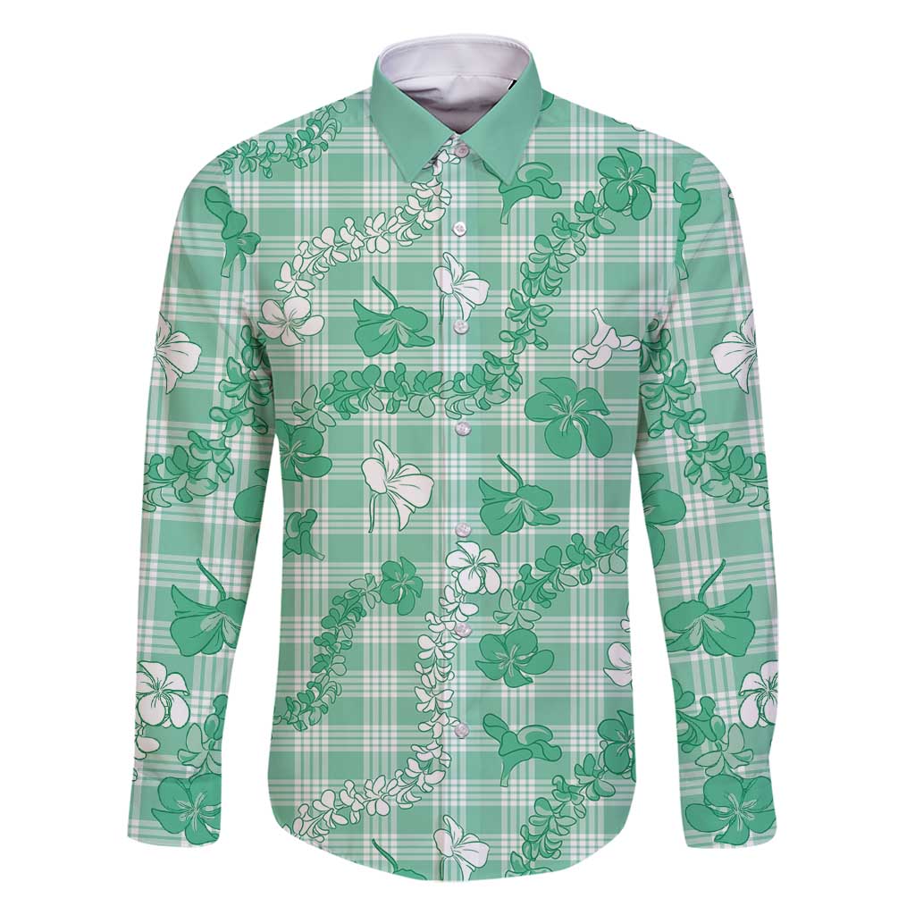 Omaomao Aloha Hawaii Family Matching Summer Maxi Dress and Hawaiian Shirt Plumeria Lei With Palaka Motif LT14 Dad's Shirt - Long Sleeve Green - Polynesian Pride