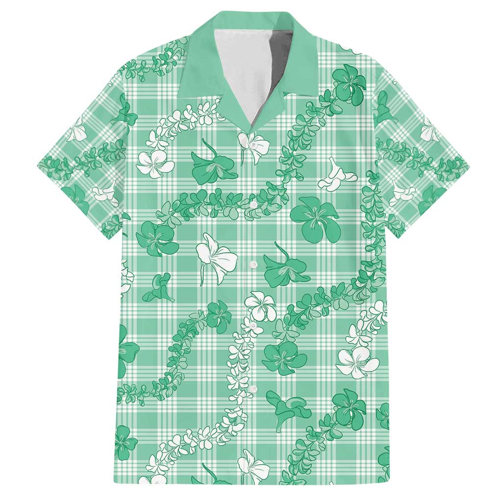 Omaomao Aloha Hawaii Family Matching Tank Maxi Dress and Hawaiian Shirt Plumeria Lei With Palaka Motif LT14 Dad's Shirt - Short Sleeve Green - Polynesian Pride