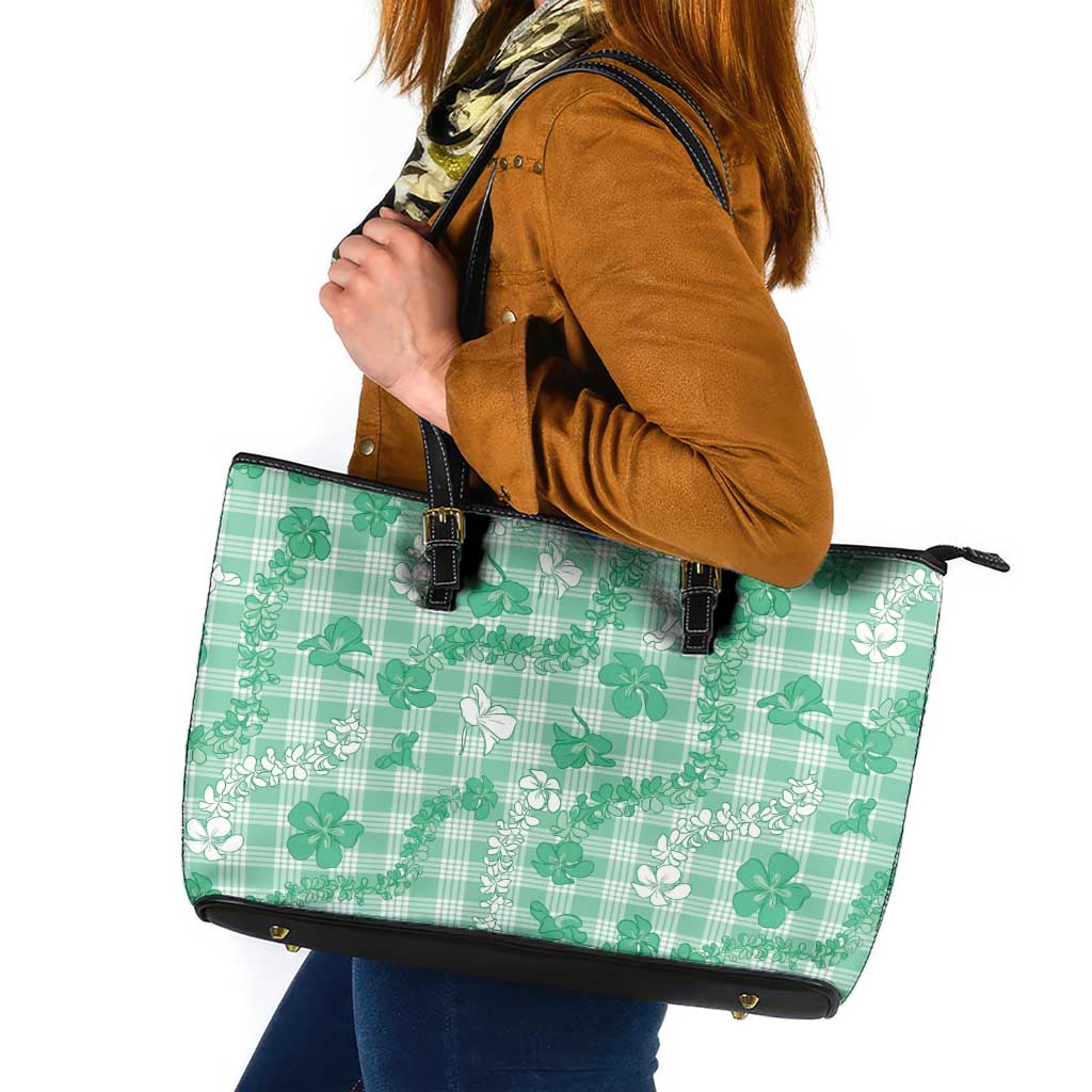 Omaomao Aloha Hawaii Leather Tote Bag Plumeria Lei With Palaka Motif - Polynesian Pride