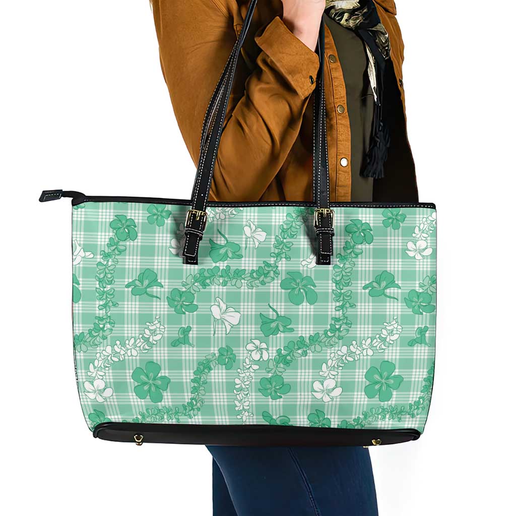 Omaomao Aloha Hawaii Leather Tote Bag Plumeria Lei With Palaka Motif - Polynesian Pride
