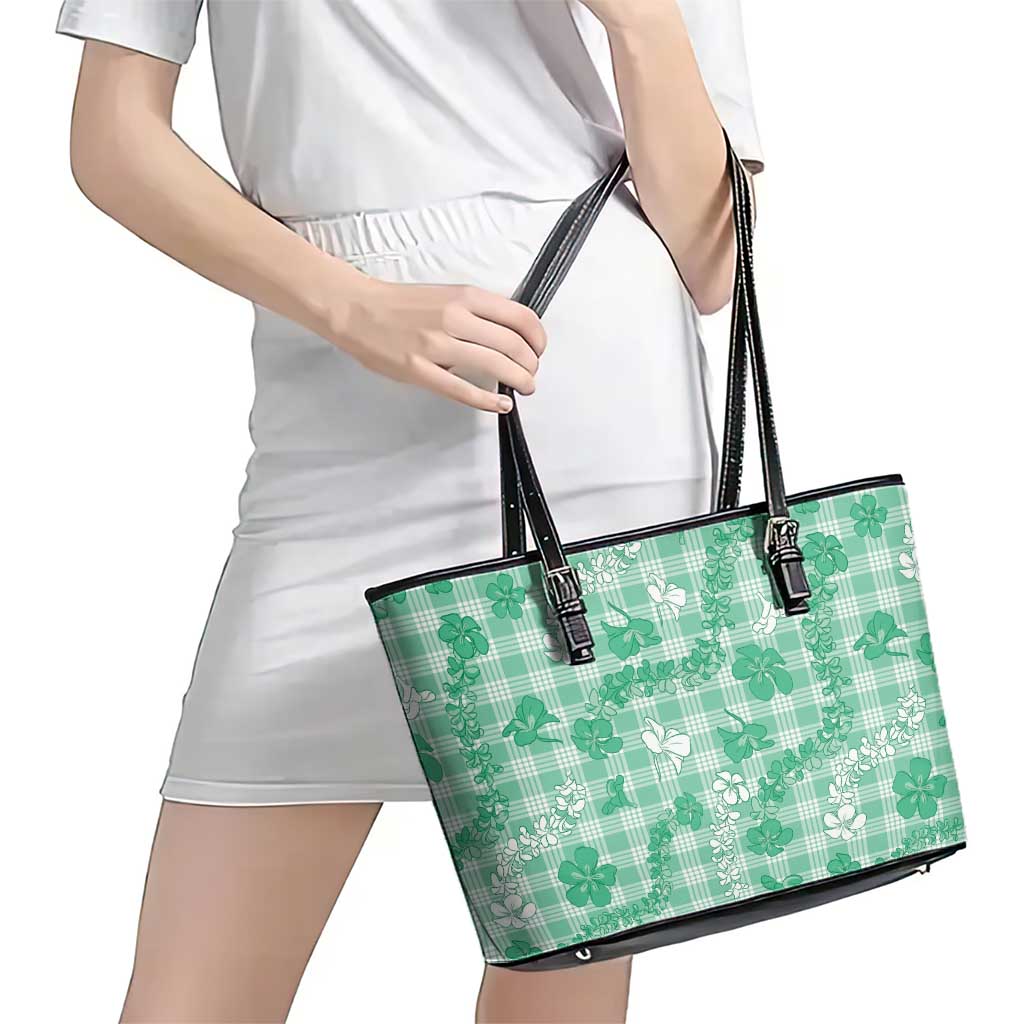 Omaomao Aloha Hawaii Leather Tote Bag Plumeria Lei With Palaka Motif - Polynesian Pride