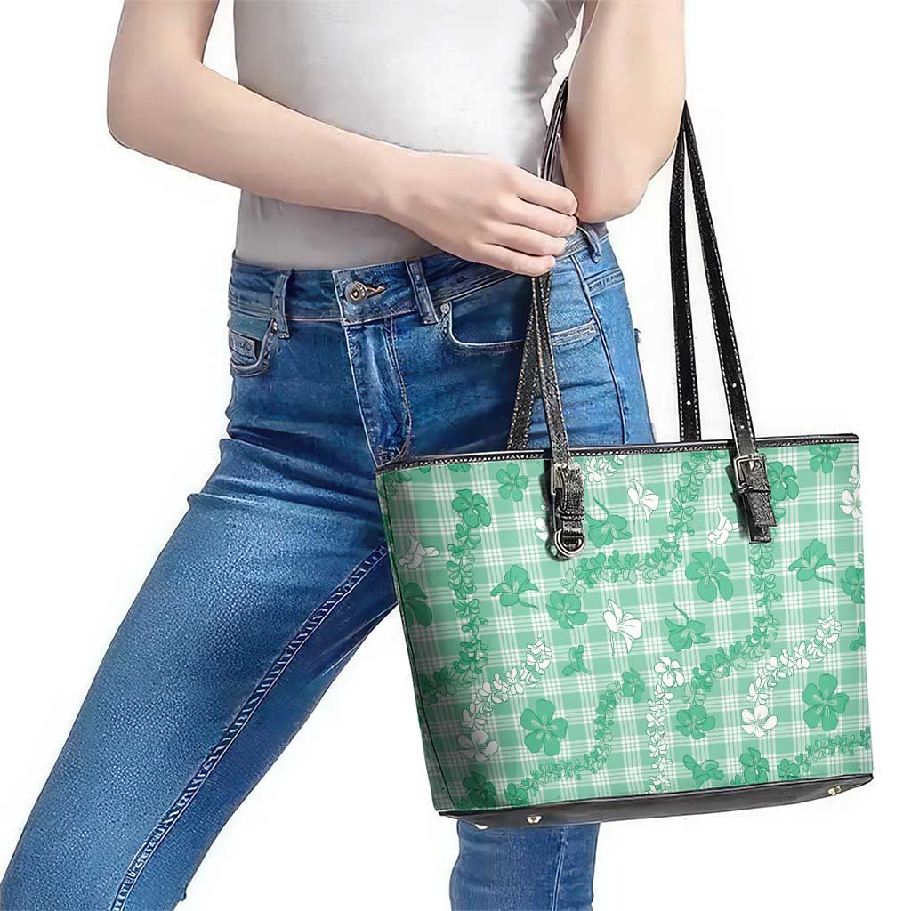 Omaomao Aloha Hawaii Leather Tote Bag Plumeria Lei With Palaka Motif - Polynesian Pride