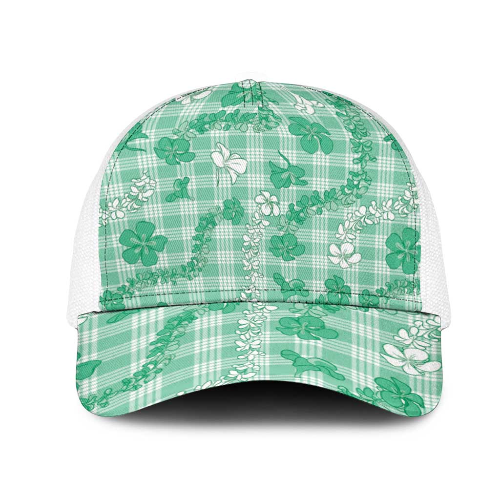 Omaomao Aloha Hawaii Mesh Trucker Cap Plumeria Lei With Palaka Motif LT14 One Size White Green - Polynesian Pride