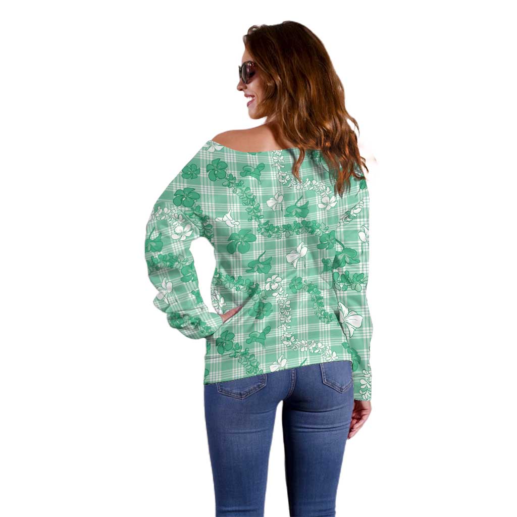 Omaomao Aloha Hawaii Off Shoulder Sweater Plumeria Lei With Palaka Motif - Polynesian Pride