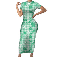 Omaomao Aloha Hawaii Short Sleeve Bodycon Dress Plumeria Lei With Palaka Motif - Polynesian Pride